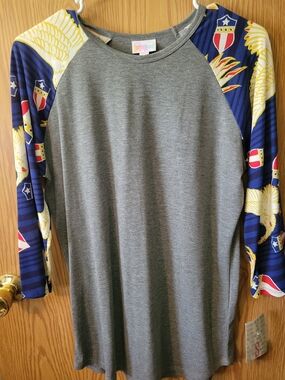 LuLaRoe Randy Gray Tunic with Navy & Yellow Accent Sleeves